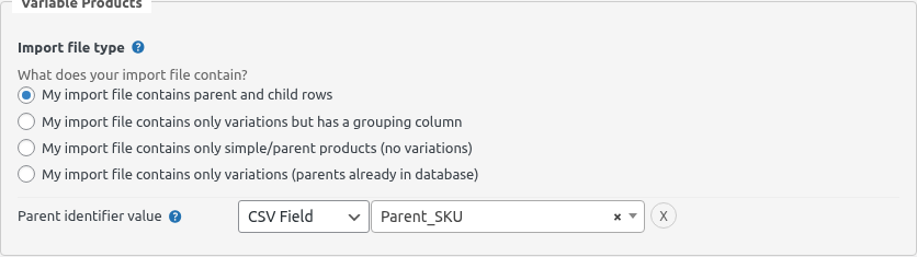 Method 1 settings — parent and child rows