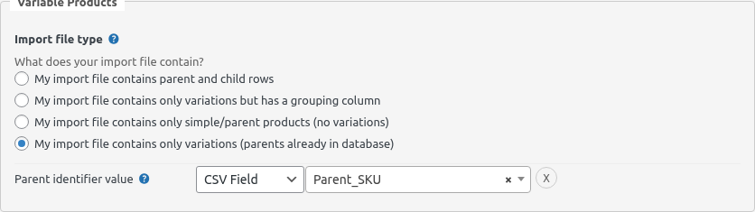 Method 4 settings — variations only, parents already in database