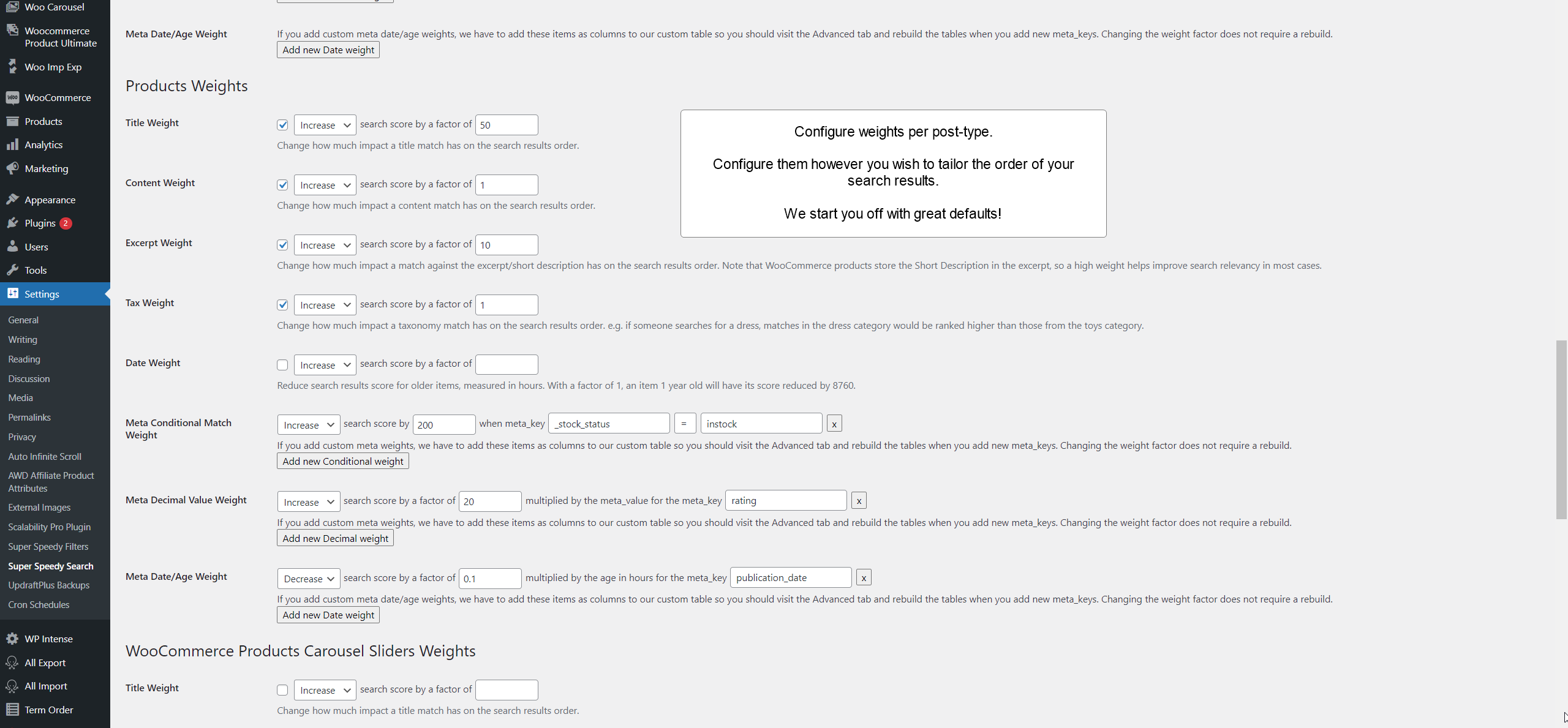 Configure Super Speedy Search weights per post type