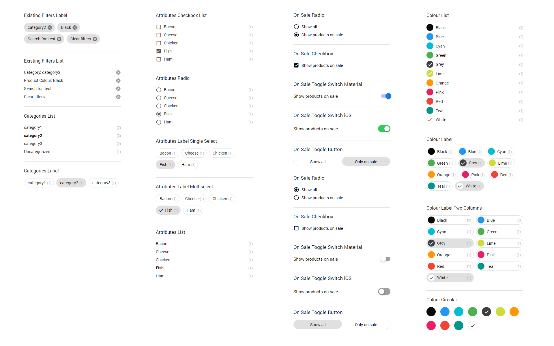 Screenshot displaying a selection of display options for Super Speedy Filters, including label. checkbox, radio, list, and circular colour display types.