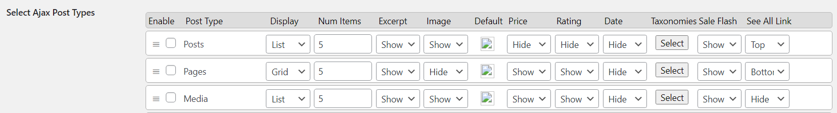 Screenshot of all the different config settings for Ajax post types in Super Speedy Search.
