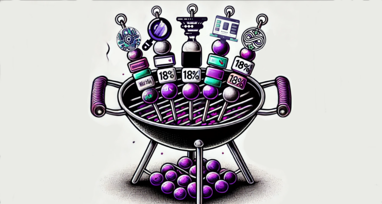 A grill with five shish kebabs, each kebab displaying the logo of one of the Super Speedy Plugins. and some 18% ingredients on the kebabs signifying the sale.