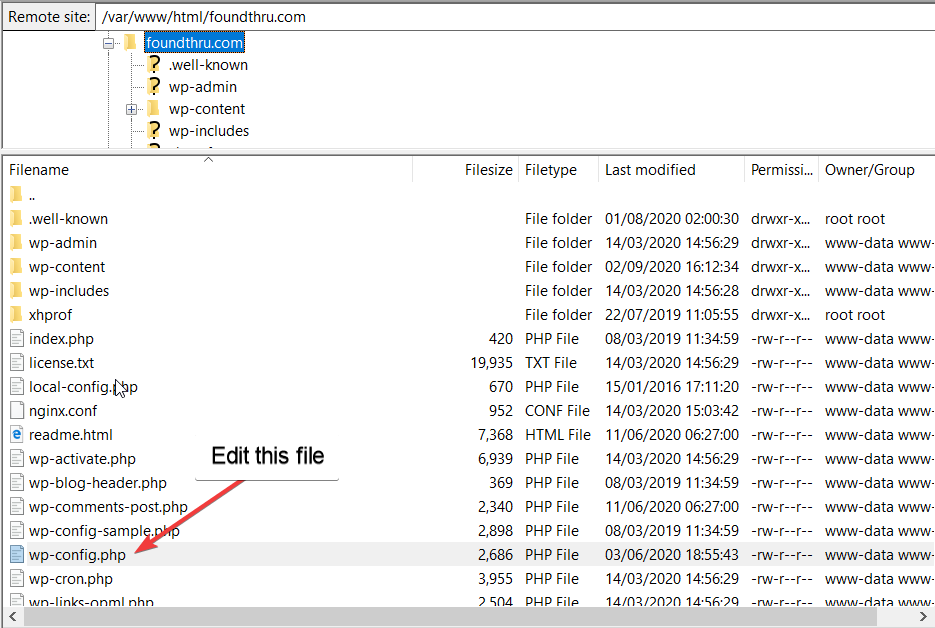File directory showing wp-config.php file location to enable WordPress debug log