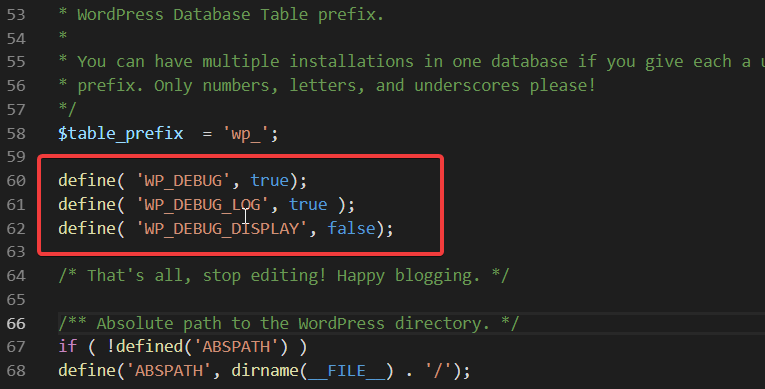 Code snippet in wp-config.php file with debug log settings using Visual Studio Code