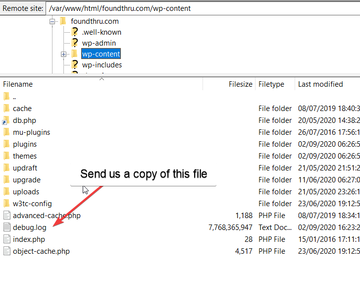 File directory showing the debug.log file location in wp-content folder.