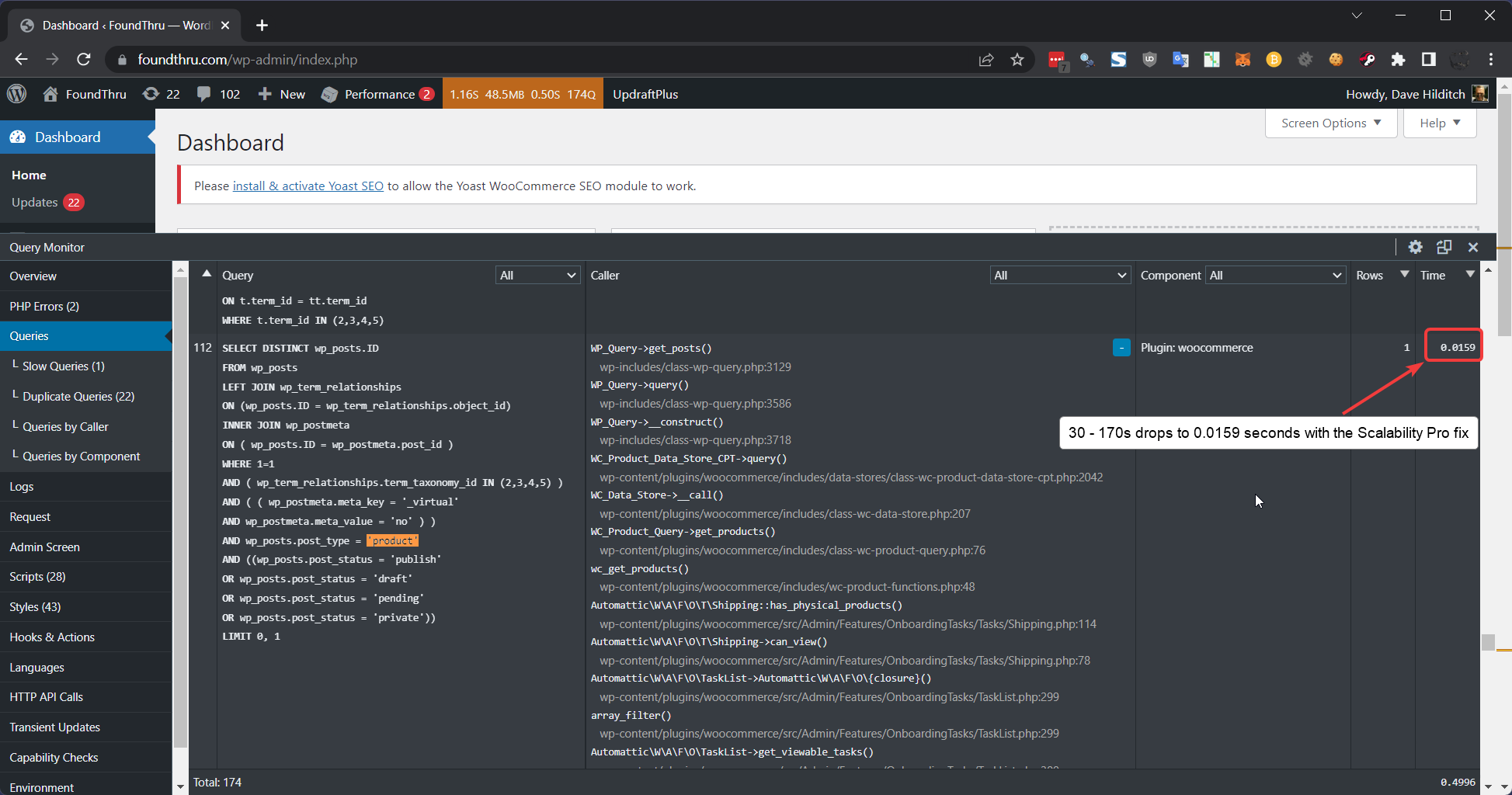 WooCommerce wp-admin speed improves from 170 seconds to 0.0159 seconds after WooCommerce onboarding performance boost.