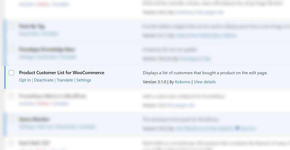 Plugins list with all plugins blurred out except Product Customoer List for WooCommerce.