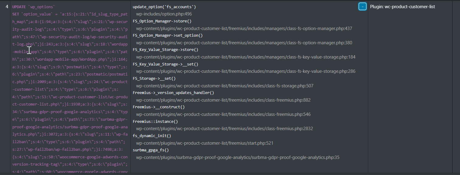 Call stack showing Surbma GDPR plugin and Freemius responsible for storing information in wp_options table for Product Customer List plugin.