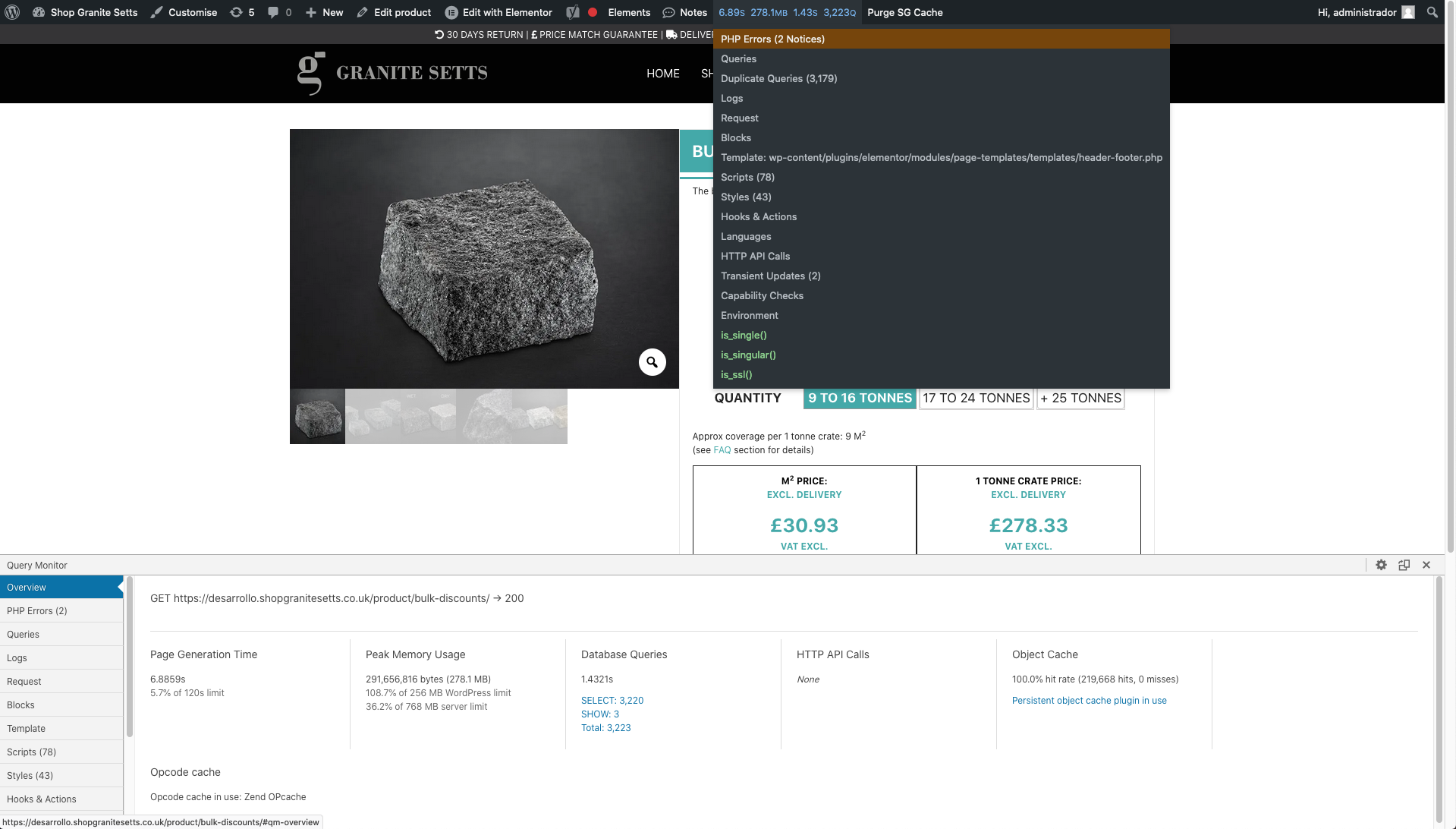 Query Monitor showing 3200 queries on WooCommerce product detail page