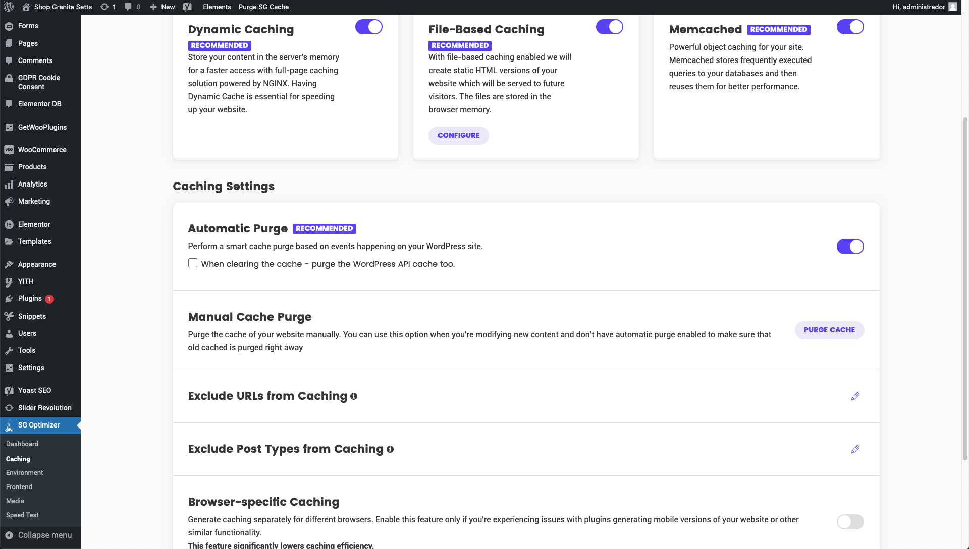 Siteground caching options that can help improve variations performance in WooCommerce.
