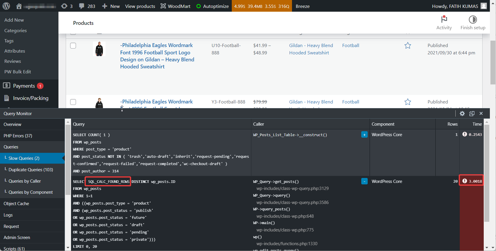SQL_CALC_ROWS on the edit.php page performs a table scan against your database, demonstrating WP-admin speed boosts with Scalability Pro.