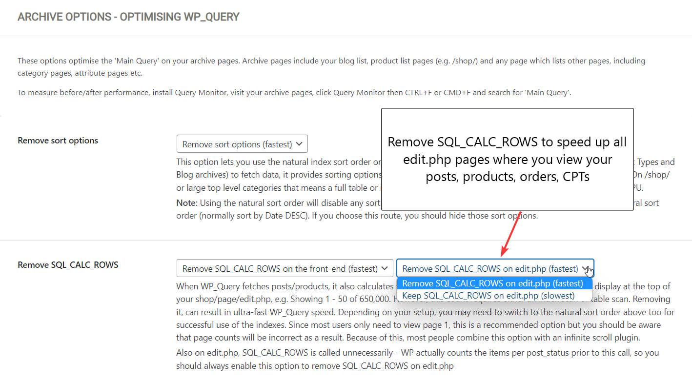 Remove SQL_CALC_ROWS to speed up all edit.php pages for posts, products, orders, and CPTs in WordPress.