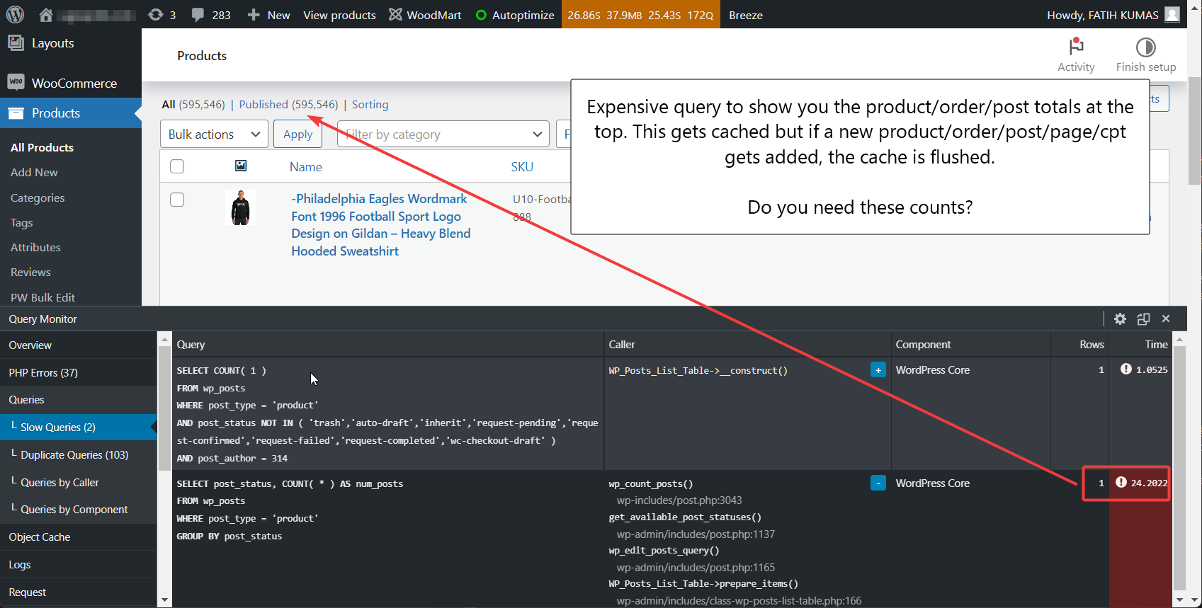 Query monitor showing expensive query for product/order/post totals in WordPress admin.