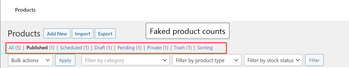 Faked product counts in WooCommerce to speed up imports and wp-admin performance.