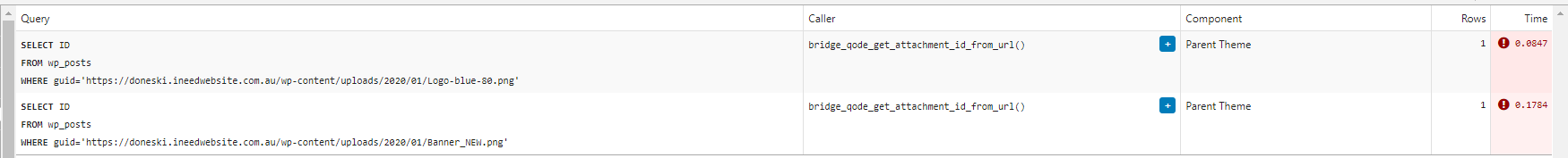 Performance data showing query times before optimization in Bridge theme