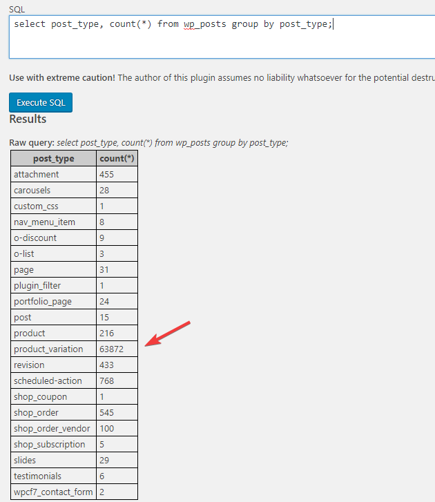 SQL query results showing post type counts in wp_posts table