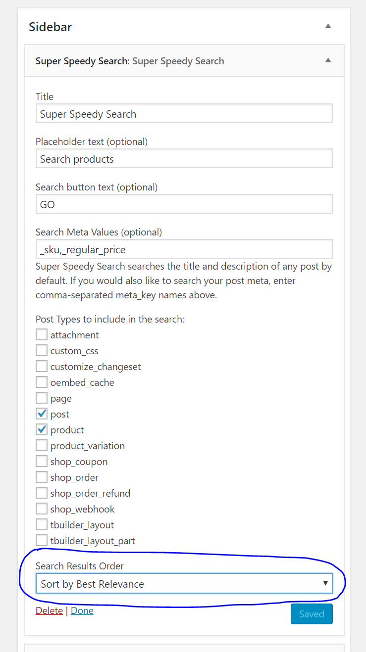 New Super Speedy Search relevancy options in widget settings