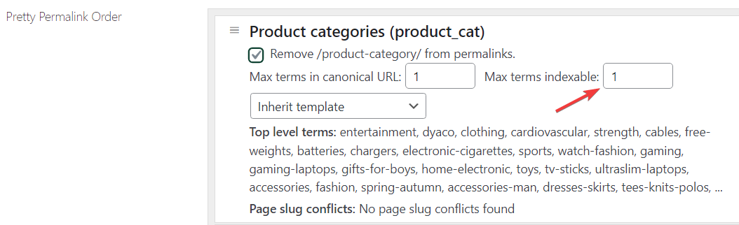 Screenshot showing the 'Max Terms Indexable' field in Super Speedy Filters settings, featuring an arrow indicating the input area for setting the limit on the number of taxonomy terms that search engines can index per page.