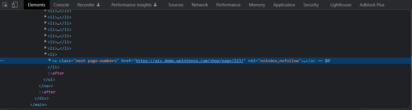 Next selector in the console