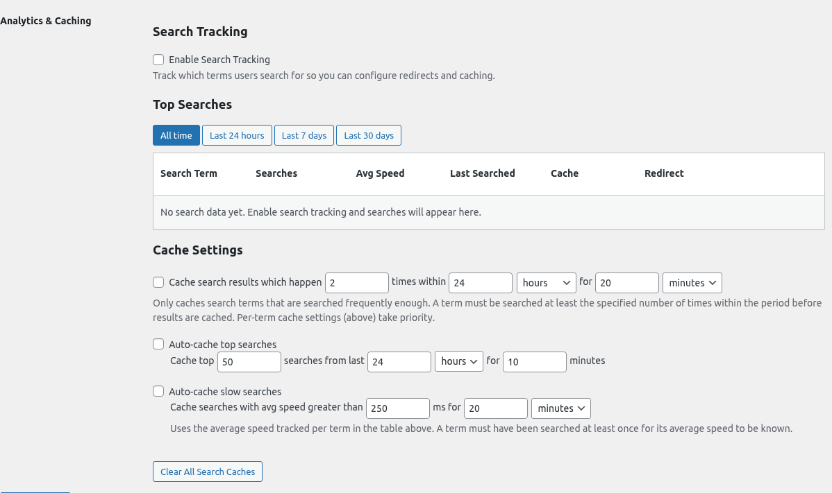 Analytics & Caching tab in the Super Speedy Search settings