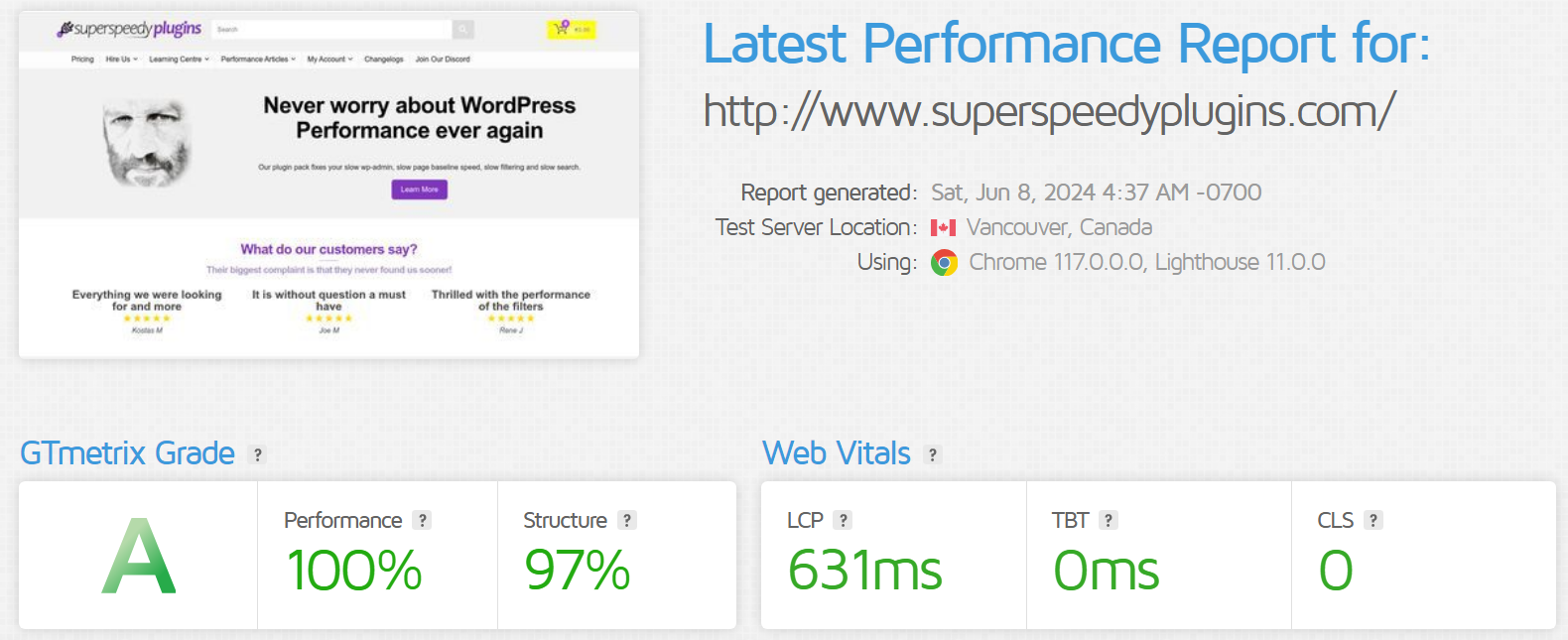 Image showing a great result for Super Speedy Plugins homepage on the solving WordPress performance problems article
