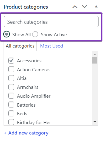 Screenshot of Super Speedy Meta Box Search feature, displaying the "Product Categories" box on the "Edit Product" page.