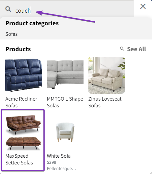 Screenshot of Super Speedy Search Ajax dropdown showing results matching the word "couch" to "sofa"