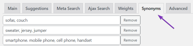 Screenshot of Super Speedy Search settings synonyms tab, including a selection of synonyms